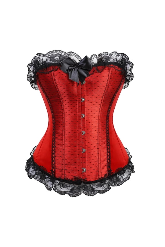 Corsets for Women Bustier Basques Floral Lace Trim Satin Waist Cincher Plus Size Cosplay Costume Victorian Red 3XL