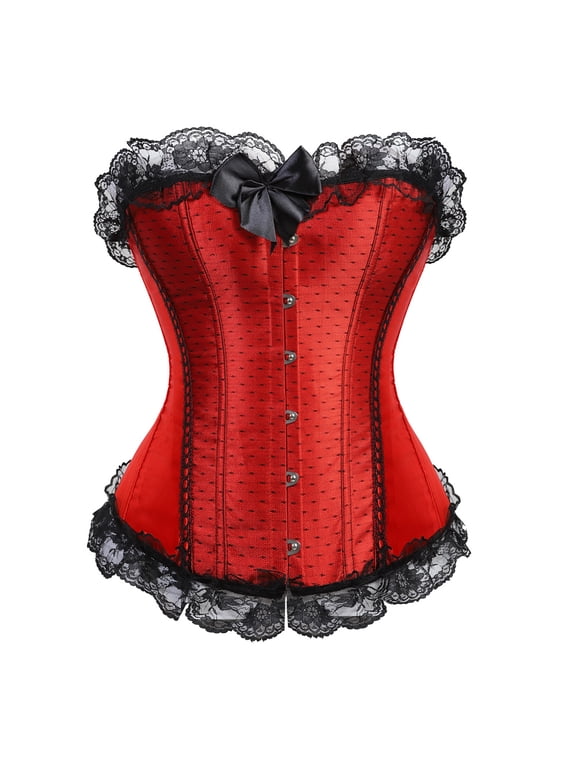 Corsets for Women Bustier Basques Floral Lace Trim Satin Waist Cincher Plus Size Cosplay Costume Victorian Red L