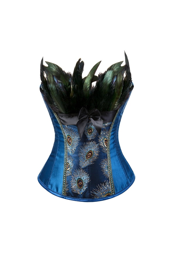 Corsets for Women Overbust Bustiers Top Plus Size Lingerie Embroidery Peacock Nobility Feather Burlesque Blue XS