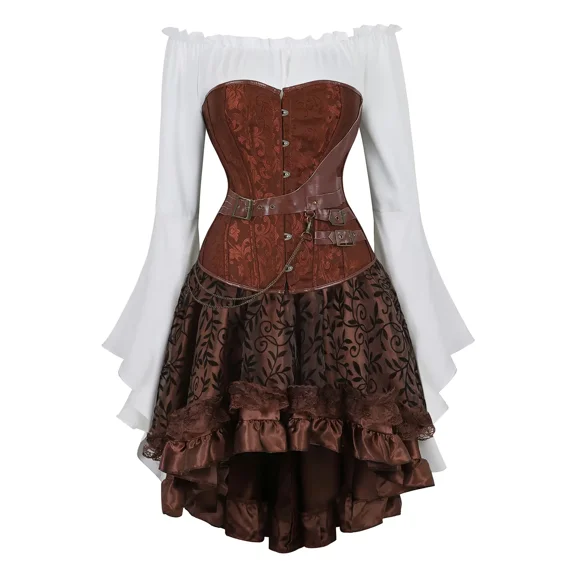 Corsets for Women Retro Goth Steampunk Leather Corset 3 Piece Bustiers Top Pirate Brown XS