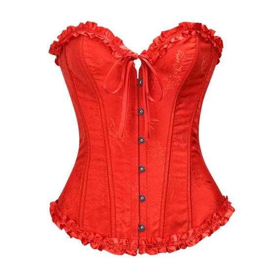 Corsets for Women Ruffles Lace Up Overbust Bustier Halloween Cosplay Costume with Bow Tie Front Adjustable Slimming Ruched Girdle for Women Red L