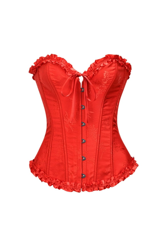 Corsets for Women Ruffles Lace Up Overbust Bustier Halloween Cosplay Costume with Bow Tie Front Adjustable Slimming Ruched Waist&nbsp;Trainer Red XS