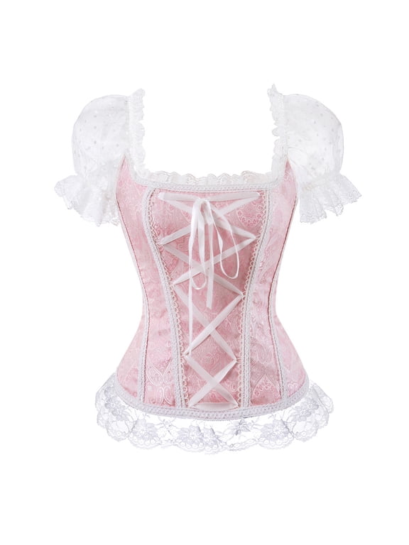 Corsets for Women with Sleeves Zipper Basques Lace Lingerie Top Plus Size Pink XS