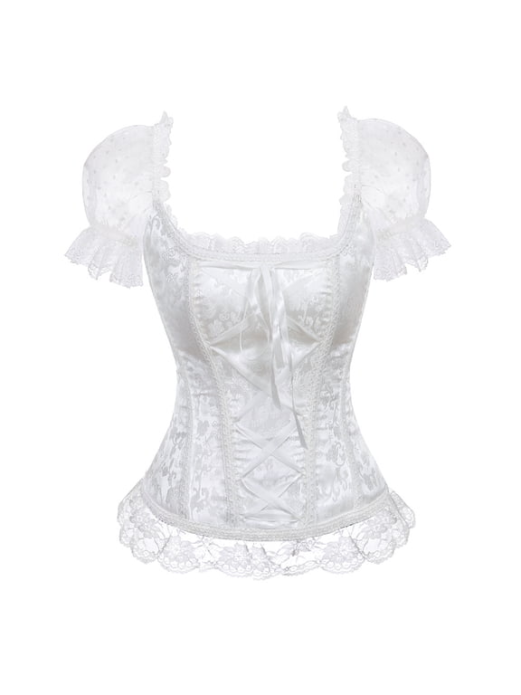 Corsets for Women with Sleeves Zipper Basques Lace Lingerie Top Plus Size White 2XL