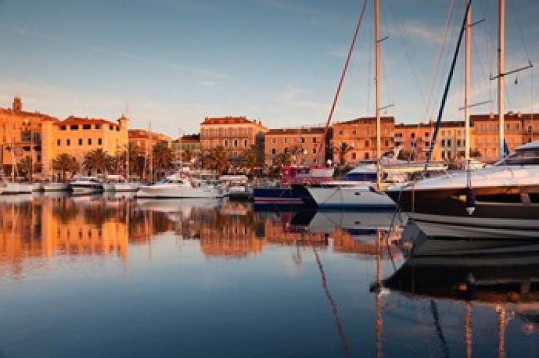 Corsica France Marina at Sunset Canvas Art - Walter Bibikow DanitaDelimont (28 x 19)