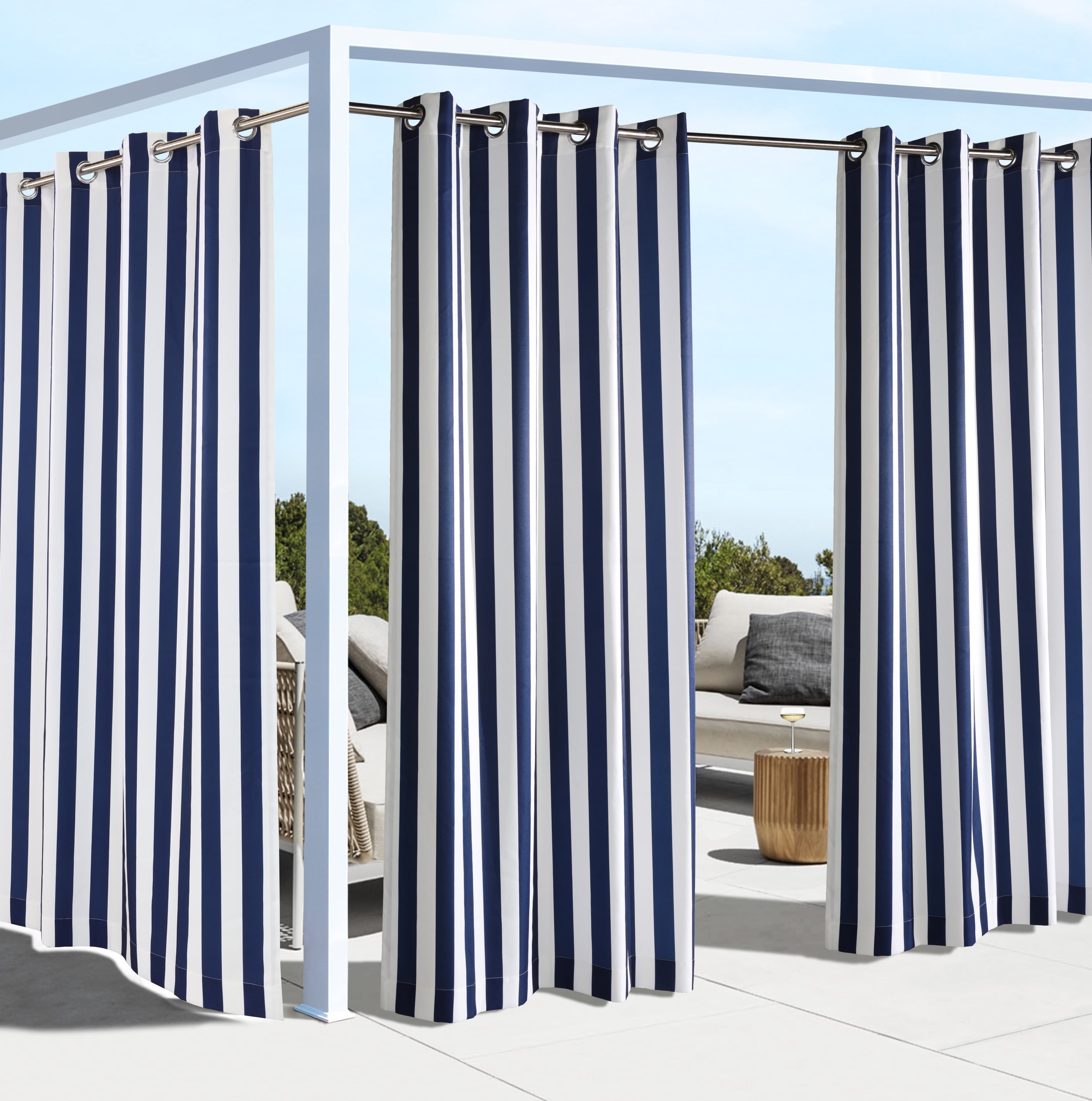 Corsica Stripe Indoor/Outdoor Curtain Panel 50" x 108" in Navy