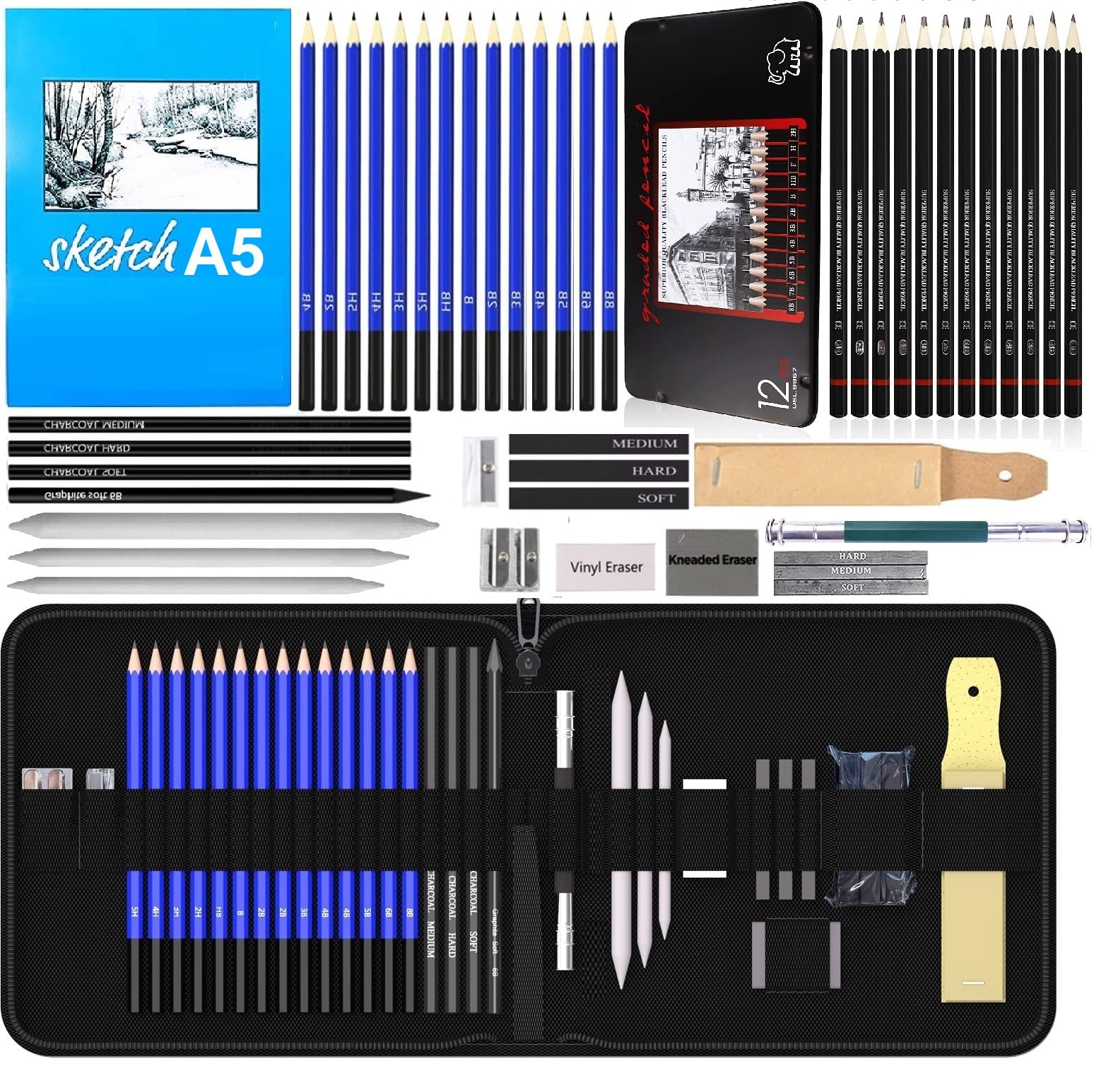Corslet 47 Pieces Pencil Kit Professional Graphite Charcoal Sketch Kit  Drawing Pencils And Sketching Kit For Artist Painting Shading Sketch Book  With Zipper Carry Bag Drawing Kit 
