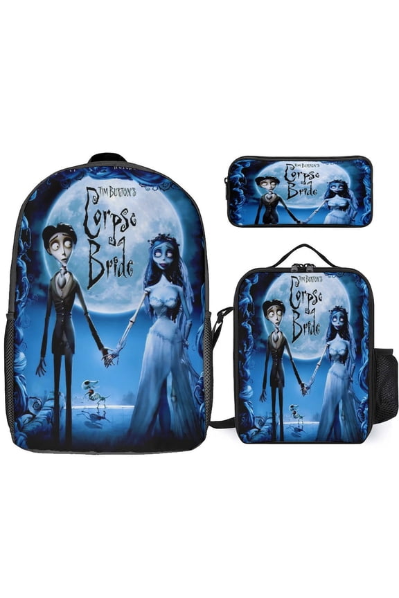Corspe Bride 3 Piece Backpack Set with Lunch Bag Pencil Case, High Capacity Bookbag with Lunch Box Pen Box