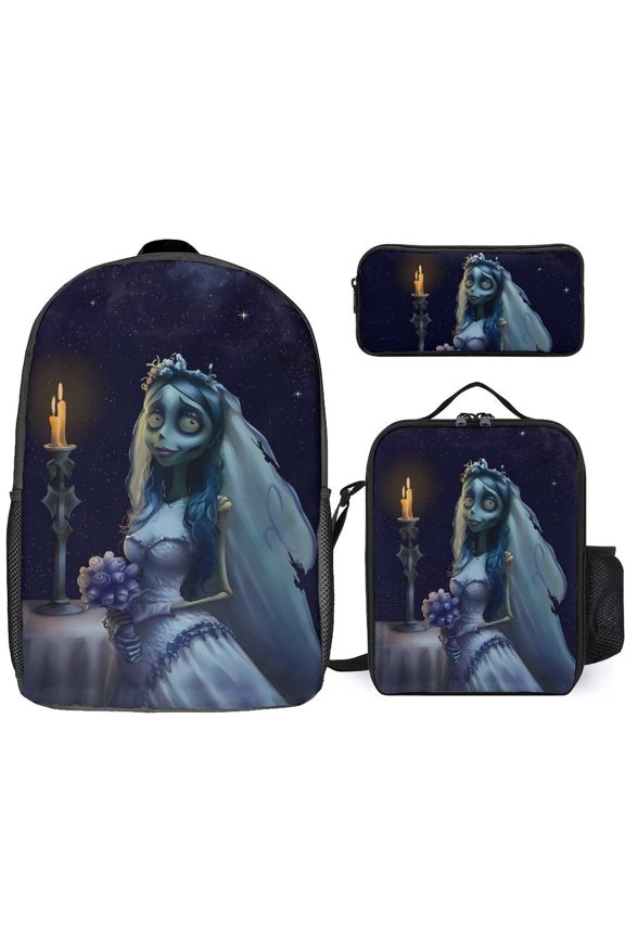 Corspe Bride 3 Piece Backpack Set with Lunch Bag Pencil Case, High Capacity Bookbag with Lunch Box Pen Box