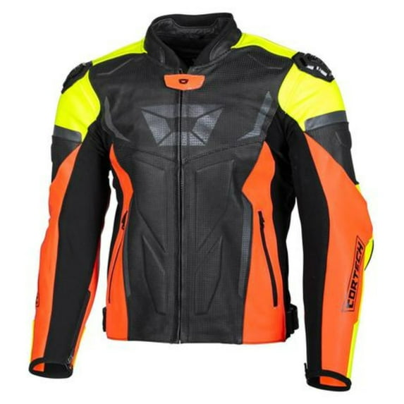 Cortech Apex Mens Leather Motorcycle Jacket Fluorensent Red/Hi-Viz Yellow SM