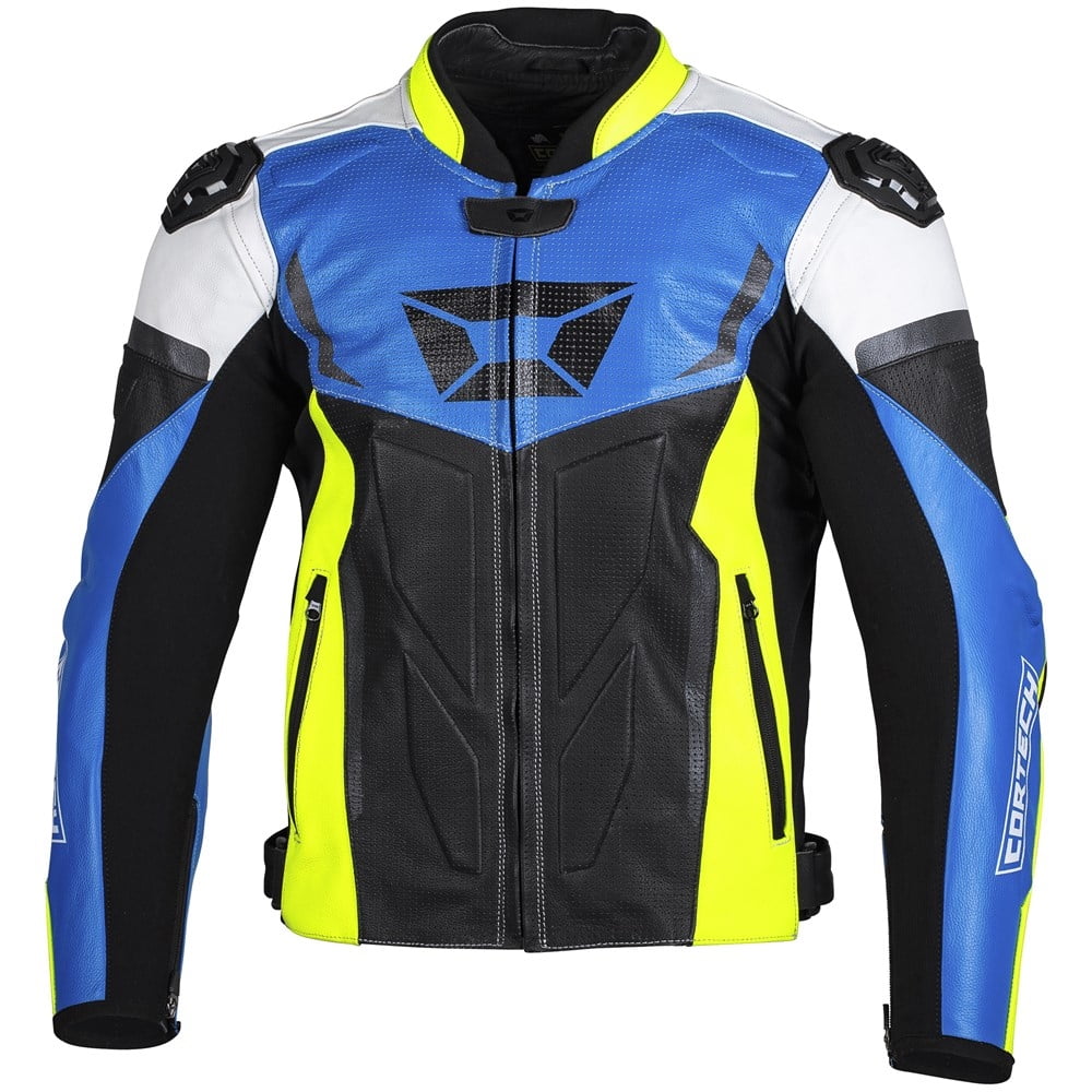 Cortech Apex Mens Leather Motorcycle Jacket Blue/Hi-Viz Yellow SM