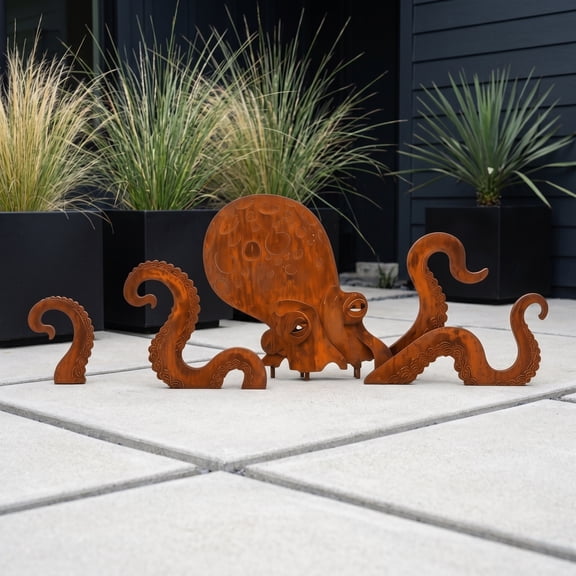 Corten Steel Rust Octopus Yard Sculpture Rust Patina Giant Squid Rusted Corten Steel Octopus Vintage Rust Finish Garden Statue