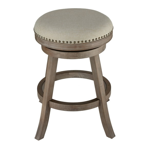Cortesi Home Sadie Backless Swivel Counter Stool in Solid Wood & Beige Fabric, 25" Seat