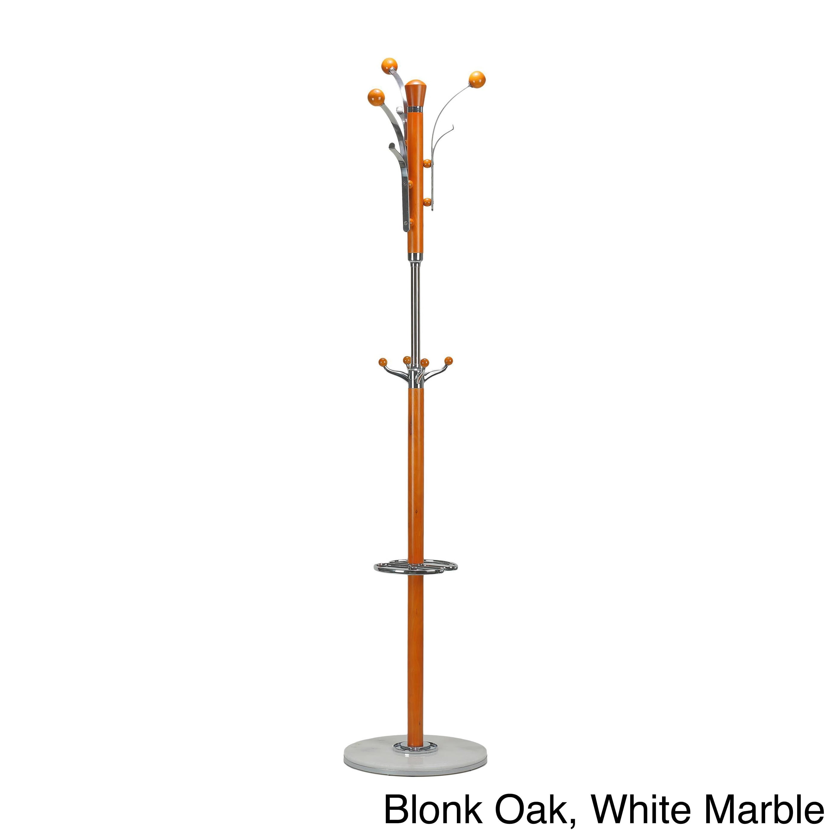 Natural Wood and Chrome Coat Rack with Marble Base and Umbrella Stand
