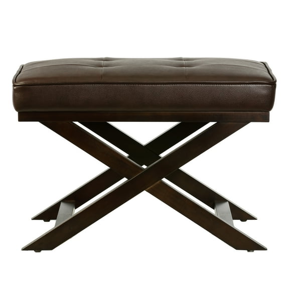 Cortesi Home Ari Brown X Bench Ottoman in Bonded Leather with Dark Cappuccino Wood Legs