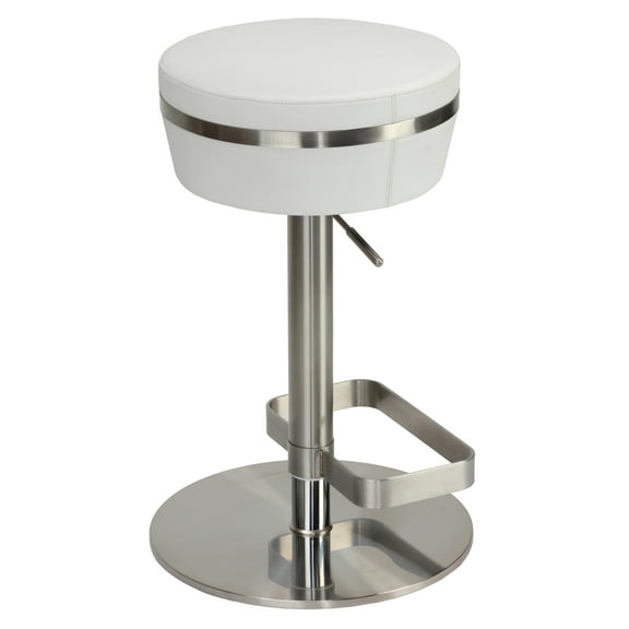 Cortesi Home Athena Premium Adjustable Swivel Backless Round Barstool in Brushed Stainless Steel with Heavy Solid Base, Snow White
