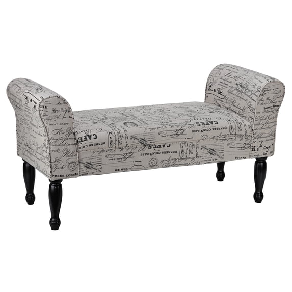 Cortesi Home Bailee Beige Script on Linen Fabric Padded Accent Bench