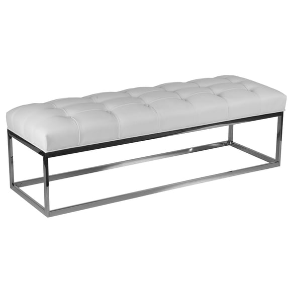 Cortesi Home Biago Stainless Steel Contemporary Oversize Tufted Bench in Faux Leather, Snow White
