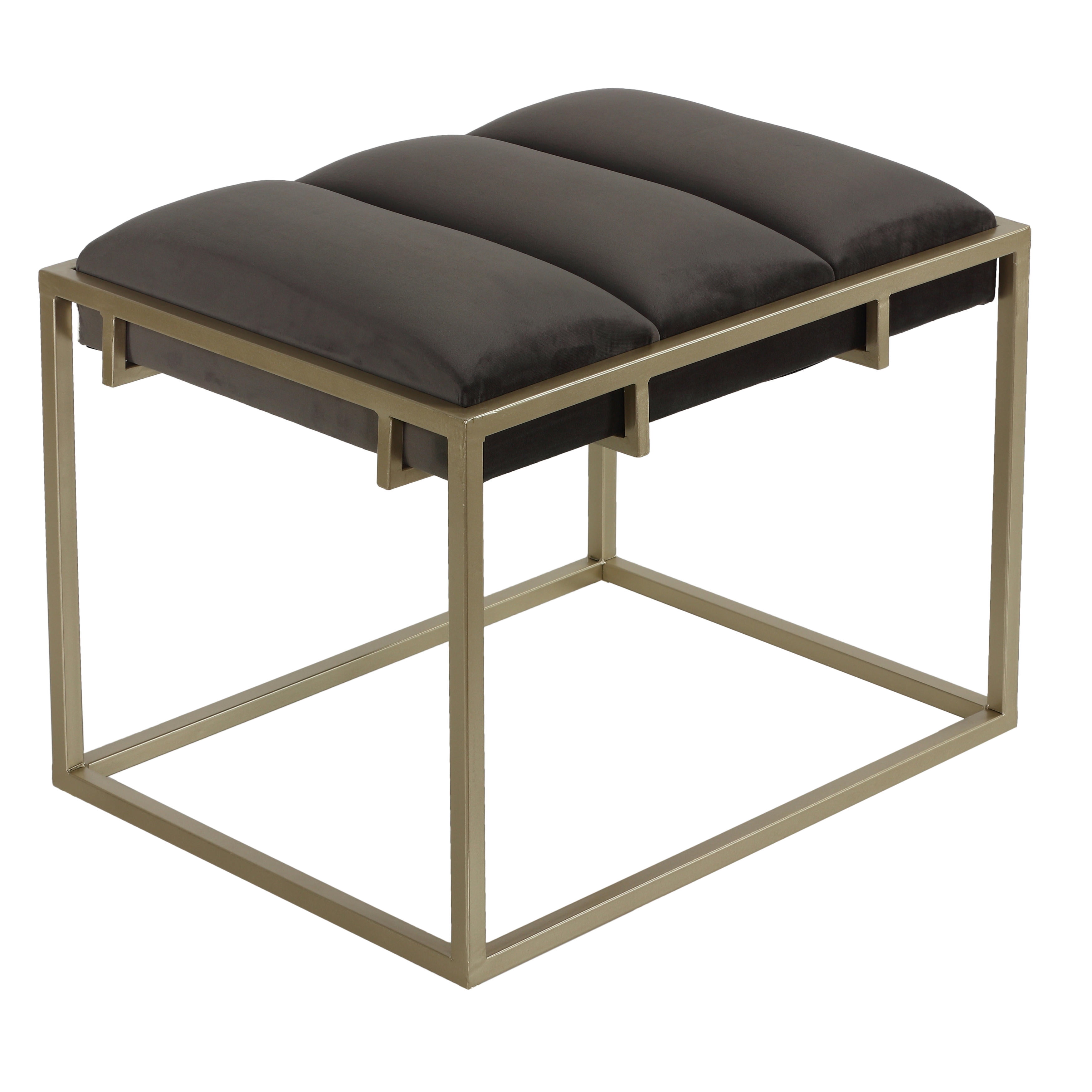 Gray Velvet and Champagne Gold Metal Rectangular Ottoman