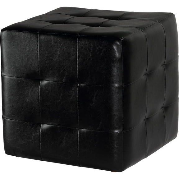 Cortesi Home Braque Black Tufted Cube Ottoman in Leather Like Vinyl