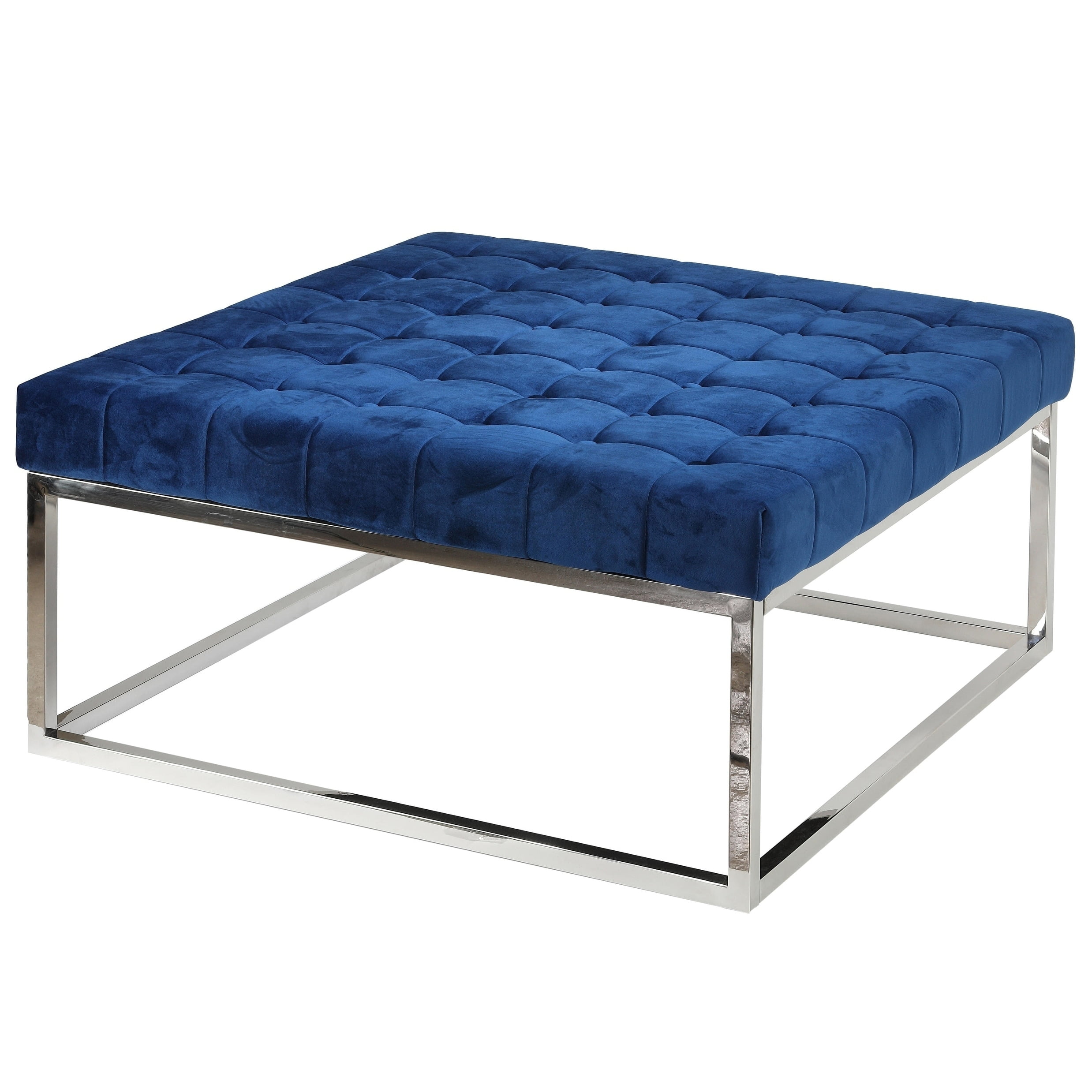 Caroline 36" Blue Velvet Tufted Ottoman with Stainless Steel Legs