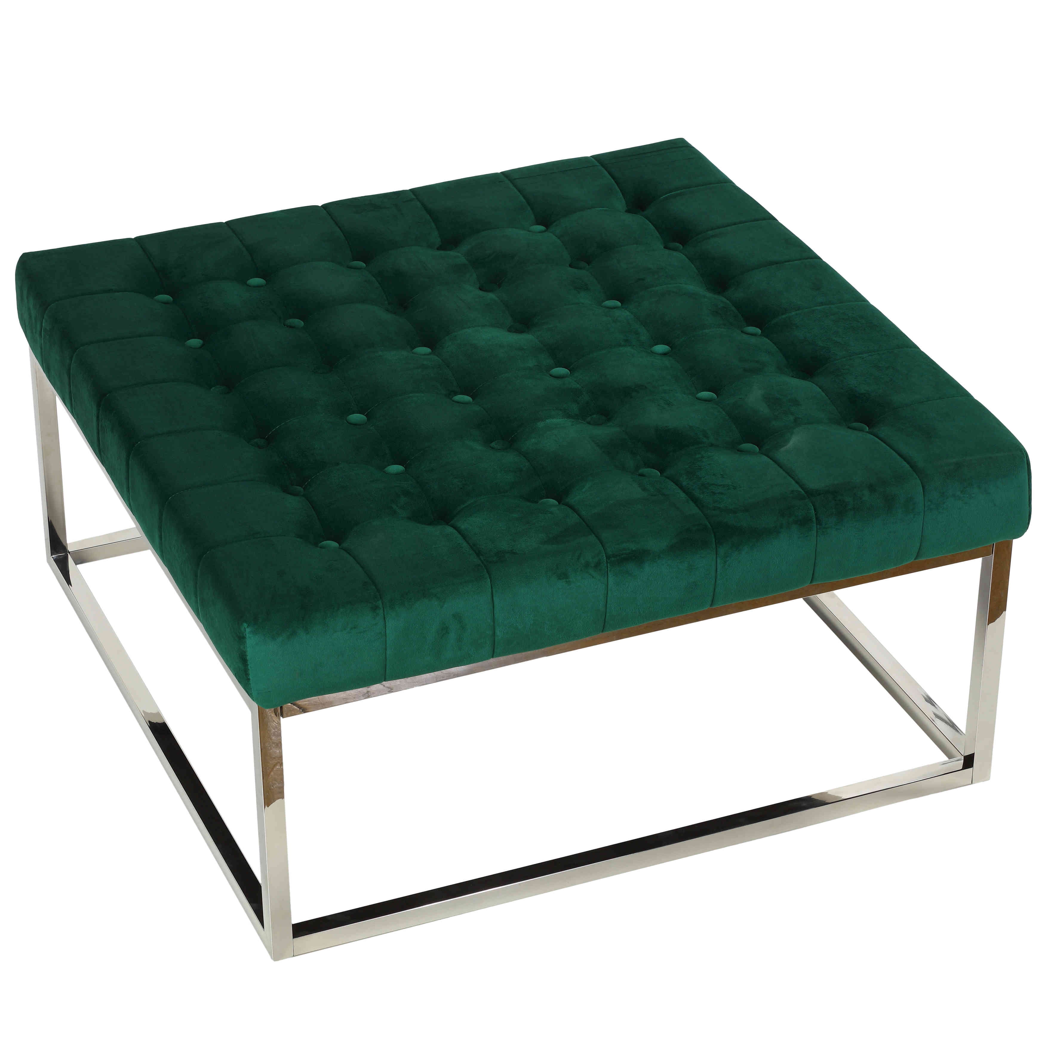 Emerald Green Velvet Tufted Oversized Ottoman with Stainless Steel Legs