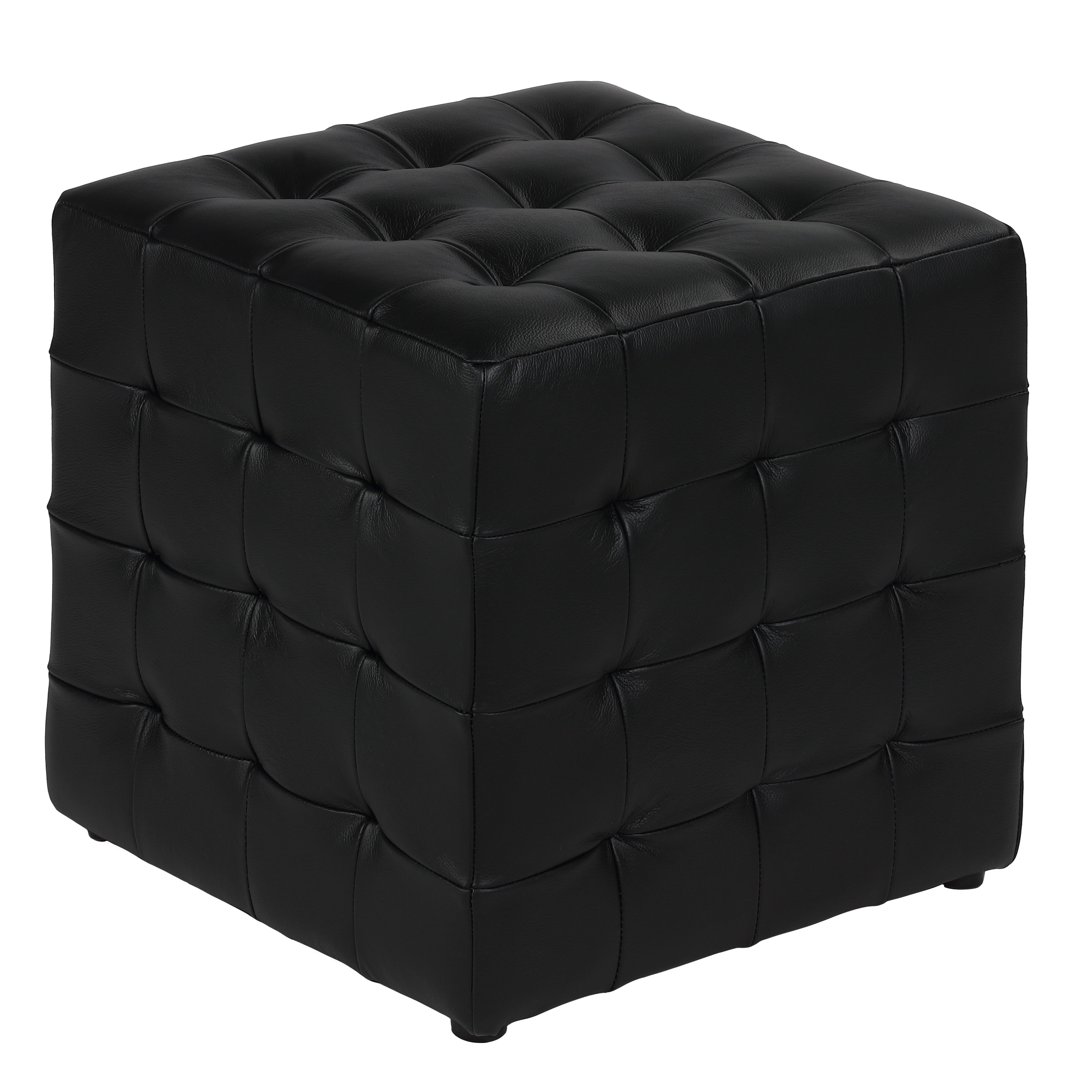 Cortesi Home Charli Cube Ottoman - Blue Genuine Leather, Tufted, 16x16x15 Inches, No Assembly