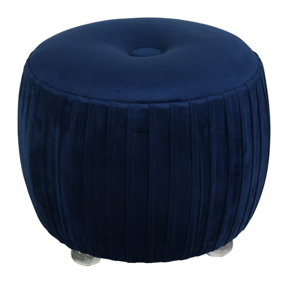 Cortesi Home Doles Round Ottoman with Clear Acrylic Legs 16" High, Navy Blue