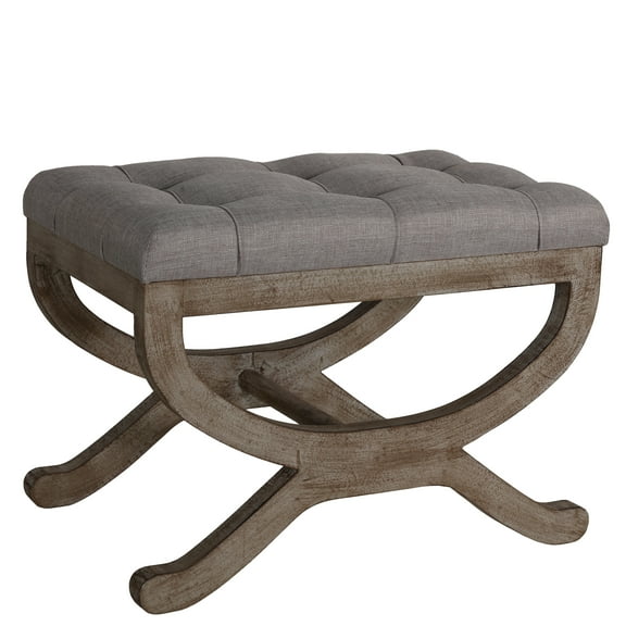 Cortesi Home Falmouth X-Bench Ottoman with Wood Legs, 17", Gray Fabric Cushion