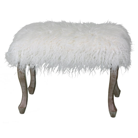 Cortesi Home Harlow Bench Ottoman, White Faux Fur with Driftwood Legs