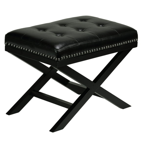 Cortesi Home Kayla Traditional X Bench Ottoman in Vinyl with Nailhead Trim, Black