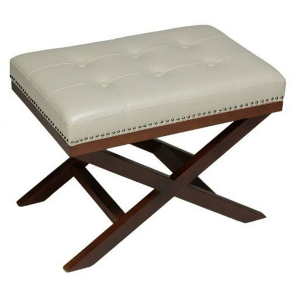 Cortesi Home Kayla Traditional X Bench Ottoman in Vinyl with Nailhead Trim, Cream