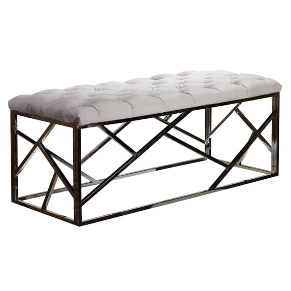 Cortesi Home Kora Long Contemporary Metal Bench Ottoman in Grey Velvet, 43x17x18