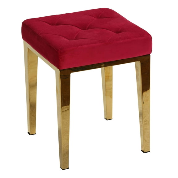 Cortesi Home Leeds Square Vanity Ottoman in Pink Velvet, Brushed Gold