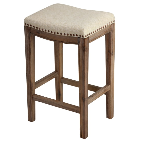 Cortesi Home Logan 24" Counter Stool, Backless with Nailhead Trim, Beige Linen Fabric