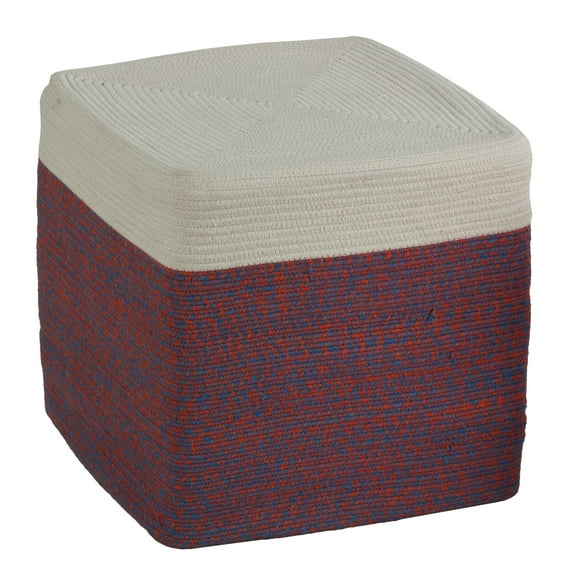Cortesi Home Macon Square Rope Pouf Ottoman, Red and White