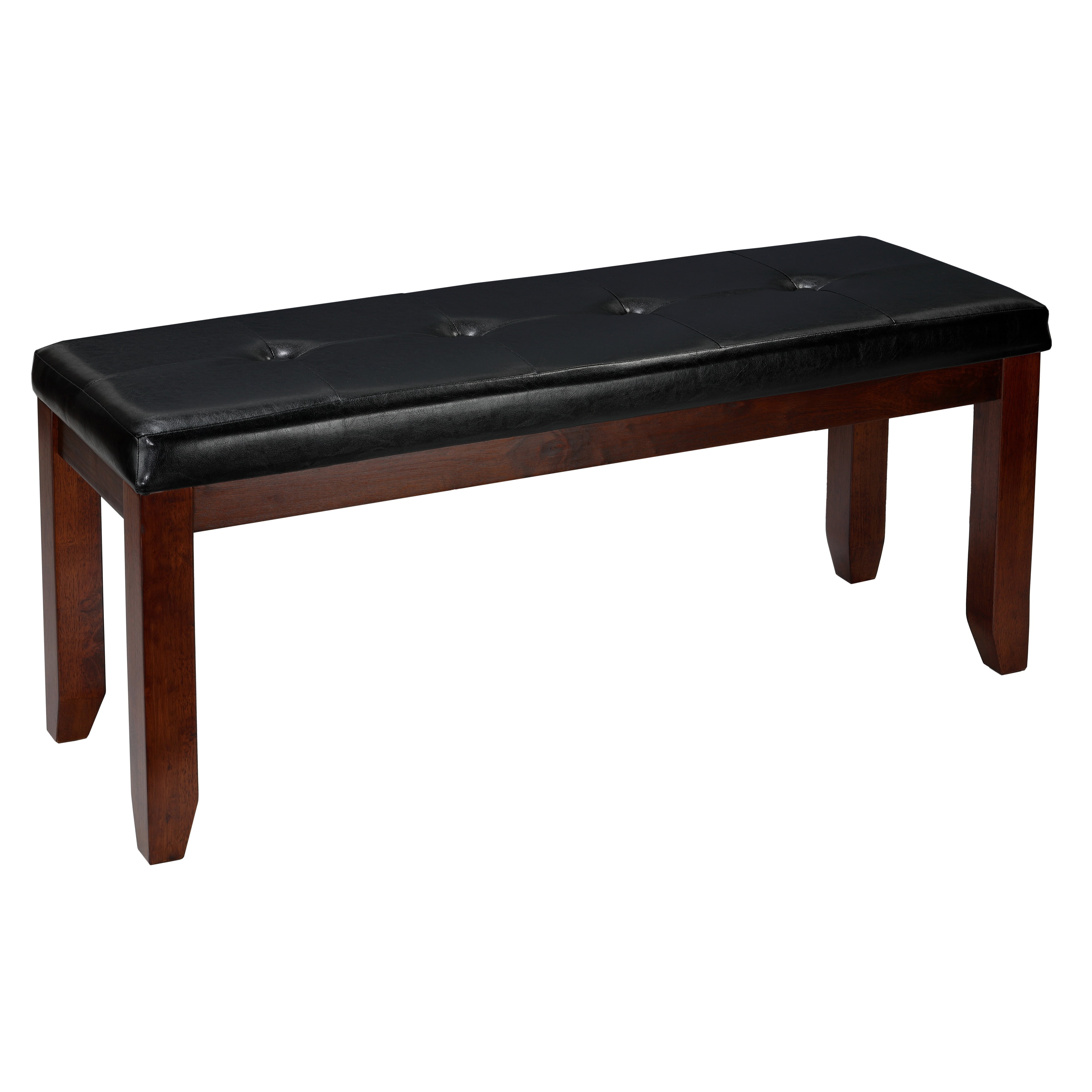 Mandi Walnut Dining Bench with Black Tufted Faux Leather Upholstery