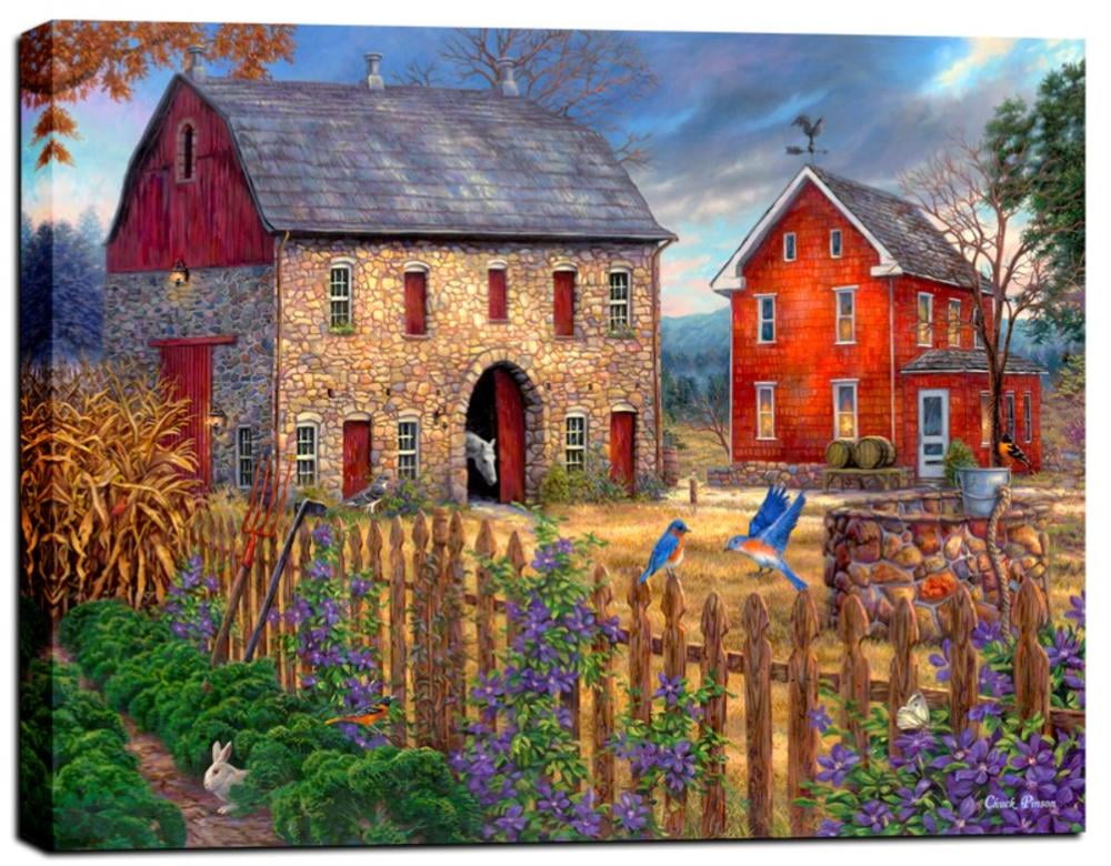 Charming Farmhouse Scene Landscape Print on Canvas