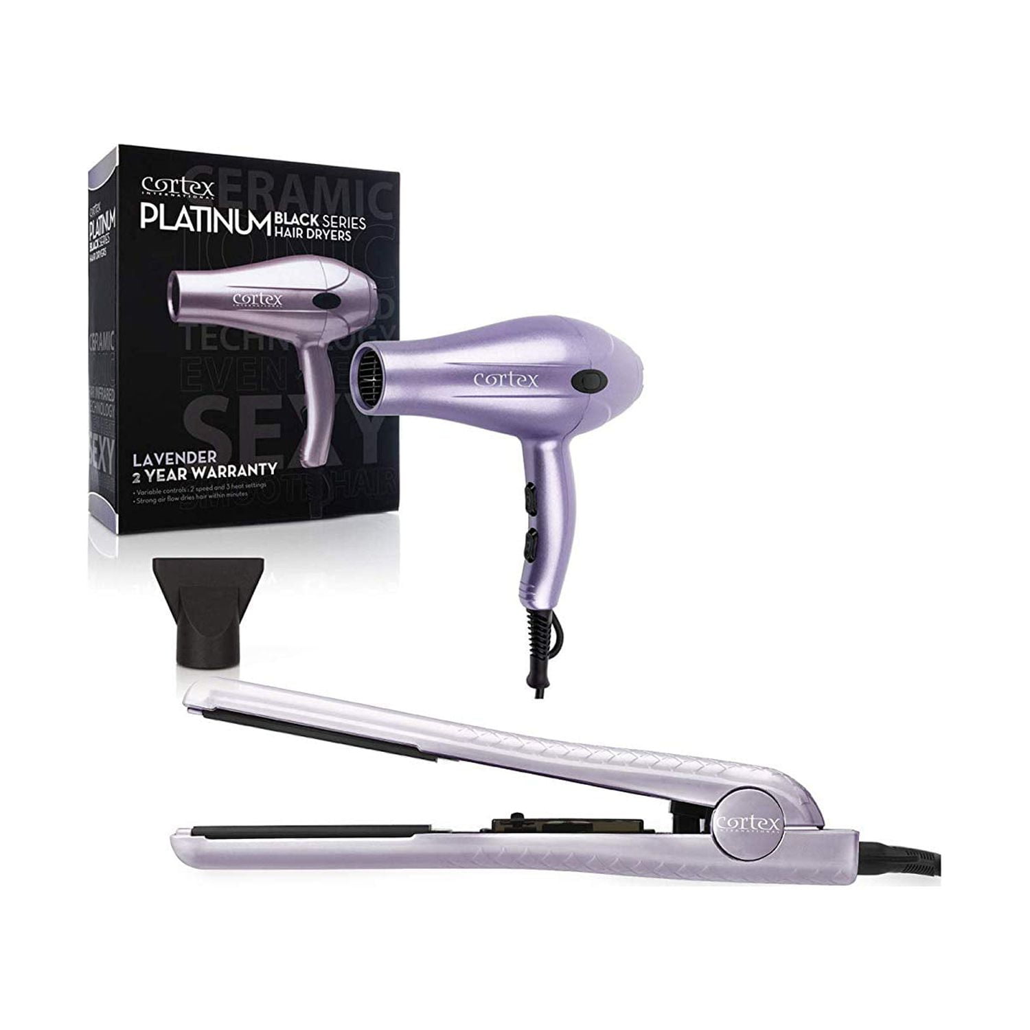 Cortex International Black Series Platinum 1875 Watts Hair Dryer With Nozzle 1.25 Inch Ceramic Tourmaline Flat iron Bundle