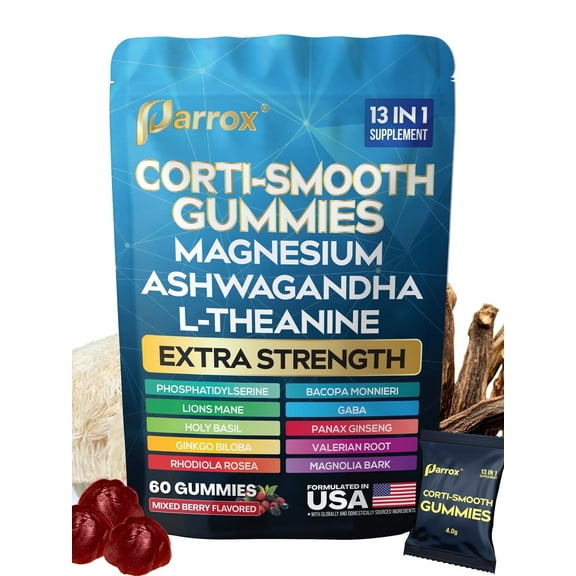 Corti-Smooth Cortisol Support Gummies with Magnesium, L-Theanine, Ashwagandha, Phosphatidylserine, Bacopa Monnieri, Lions Mane, Ginkgo Biloba, Valerian Root (60 Gummies - Mixed Berry Flavor)