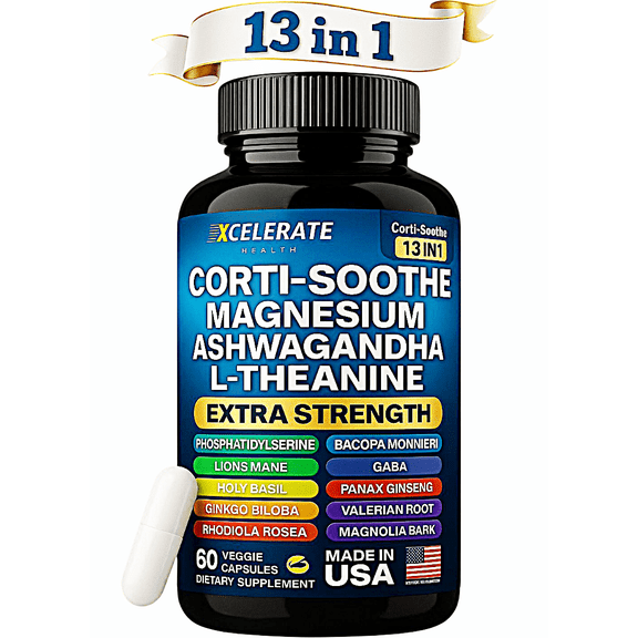 Xcelerate Health Vital-Soothe 13 in 1 Calm, Clarity Balance Blend Lions Mane, Magnesium, L-Theanine, Ginseng, Valerian Root, Magnolia Bark, Ginkgo Biloba Holy Basil GABA