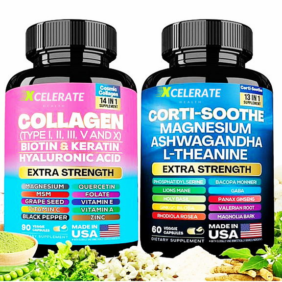 Corti-Soothe & Vital Glow 2 Bottle Radiance Complex - Collagen Peptides with Biotin, Keratin Quercetin Zinc Lions Mane Ashwagandha