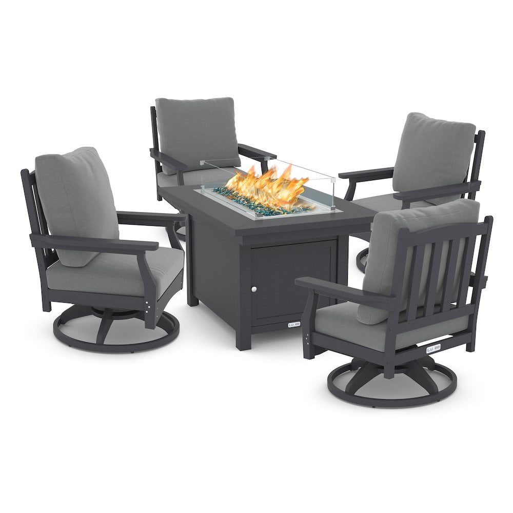 Gray HDPE 5-Piece Fire Pit Table Set with Cushioned Rock-Swivel Chairs