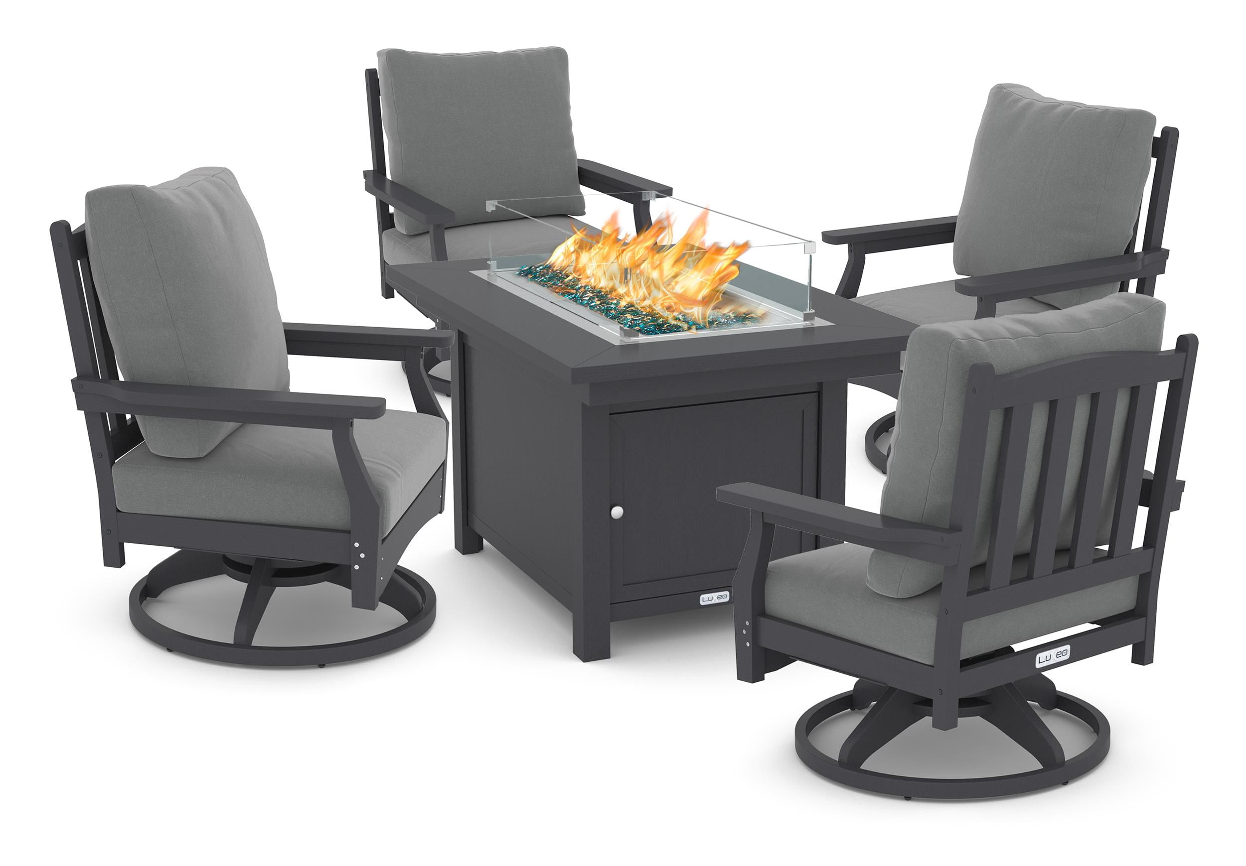 Gray HDPE 5-Piece Fire Pit Table Set with Cushioned Rock-Swivel Chairs