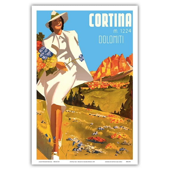 Cortina Italy - Cortina d'Ampezzo - Elevation 1224 Meters - Dolomiti (Dolomite Mountains) - Vintage Travel Poster by Michele Ortino c.1937 - Master Art Print (Unframed) 12in x 18in