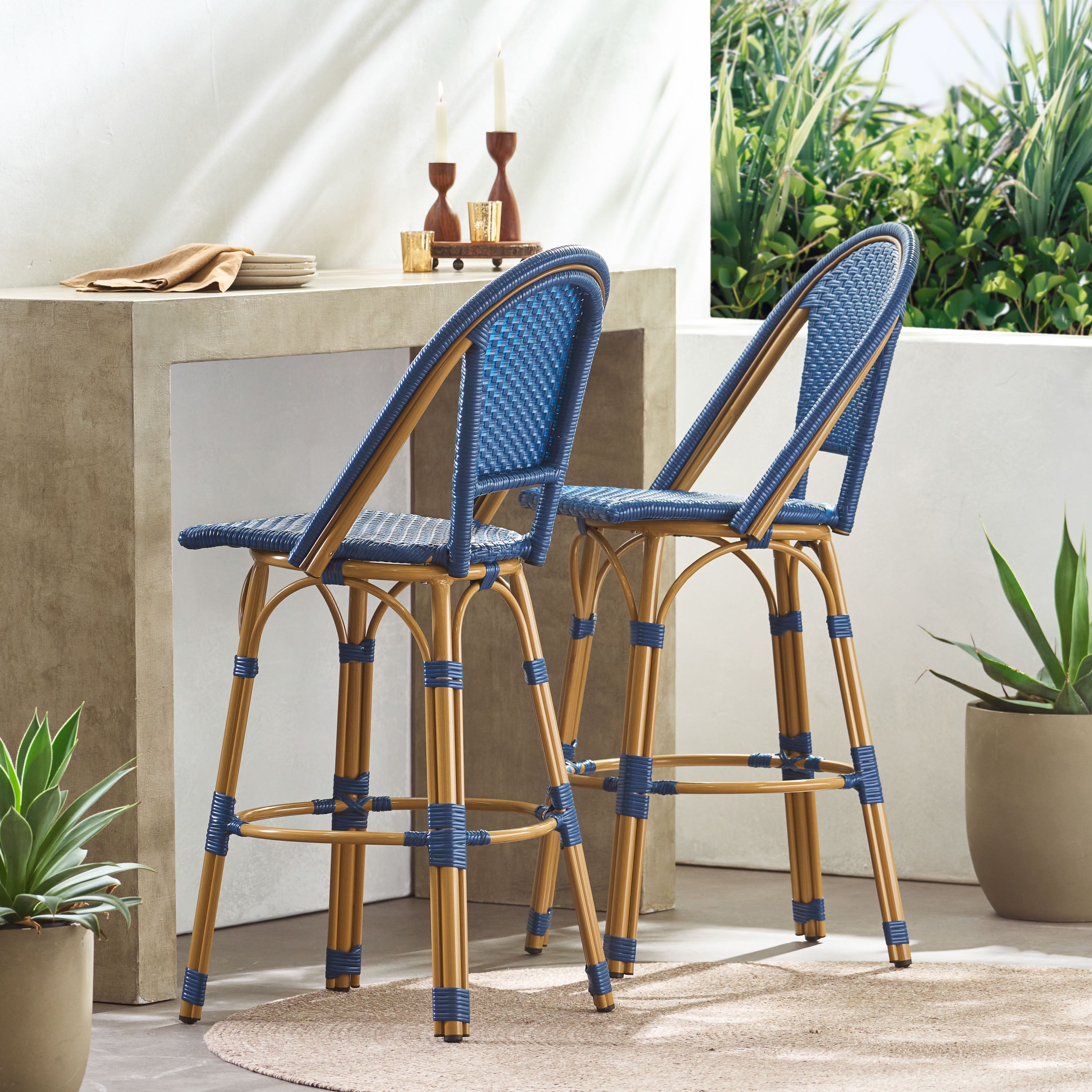 Cortina Wicker and Aluminum Outdoor 29.5 Inch Barstools, Set of 2, Navy Blue and Bamboo Finish