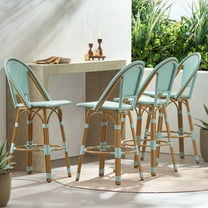 Cortina Wicker and Aluminum Outdoor 29.5 Inch Barstools, Set of 4, Light Teal and Bamboo Finish