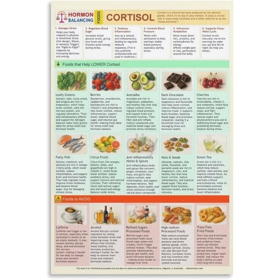 Cortisol Balancing Fo.od Chart,Stress Relief Nutrition Guide Canvas Poster Wall Art Decor Print Picture Paintings for Living Room Bedroom Decoration