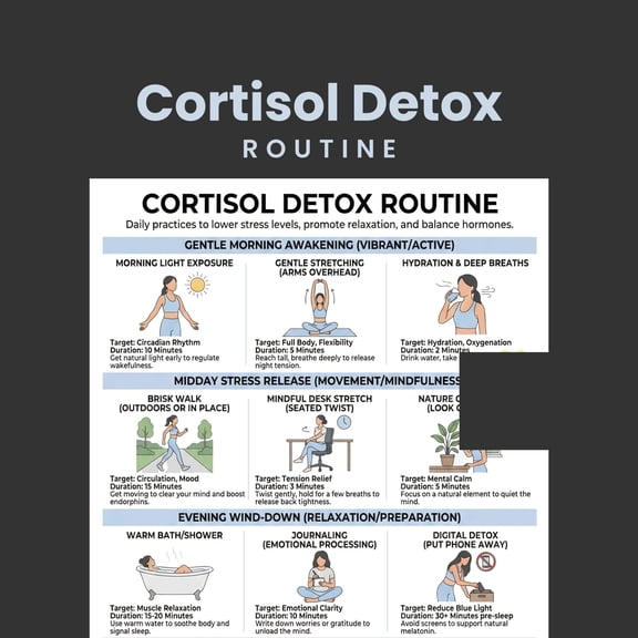 Cortisol Detoxification Plan Poster, Stress Management Poster, Balance Therapy Poster, Beginner Exercise Poster, Daily Exercise Poster
