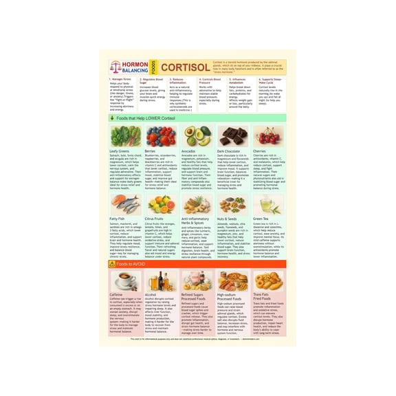 Cortisol Lowering Foods Chart Poster Diet Plan for Stress Management and Healthy Eating Guide Educational Wall Art